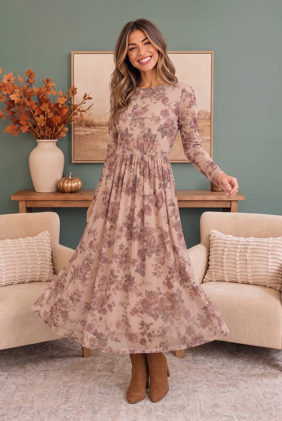 Rosewood Dreams Floral Mesh Midi Dress