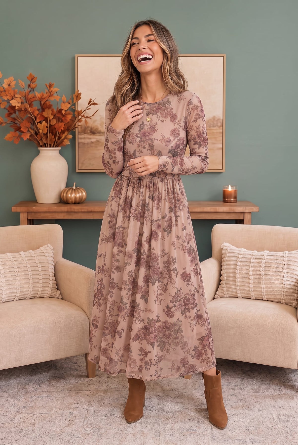 Rosewood Dreams Floral Mesh Midi Dress