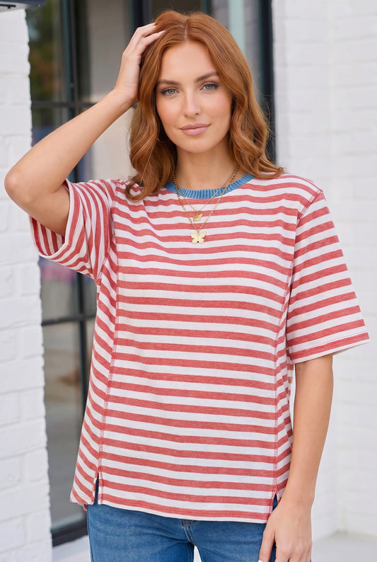 Retro Stripe Oversized Tee with Contrast Ribbed Neck