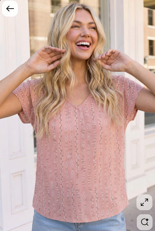 Coral Bloom Floral Stripe V-Neck Top