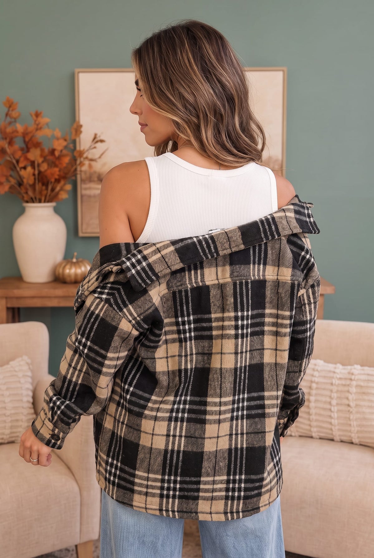 Cozy Plaid Sherpa Lined Shacket in Khaki Black