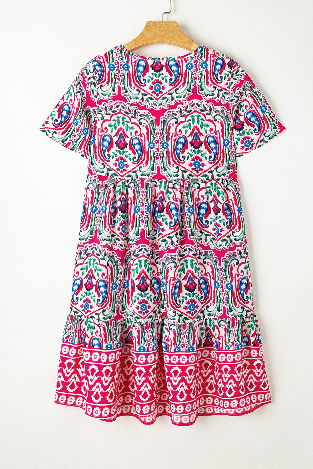 Orange Bohemian Print Tie Neck Ruffle Hem Short Dress