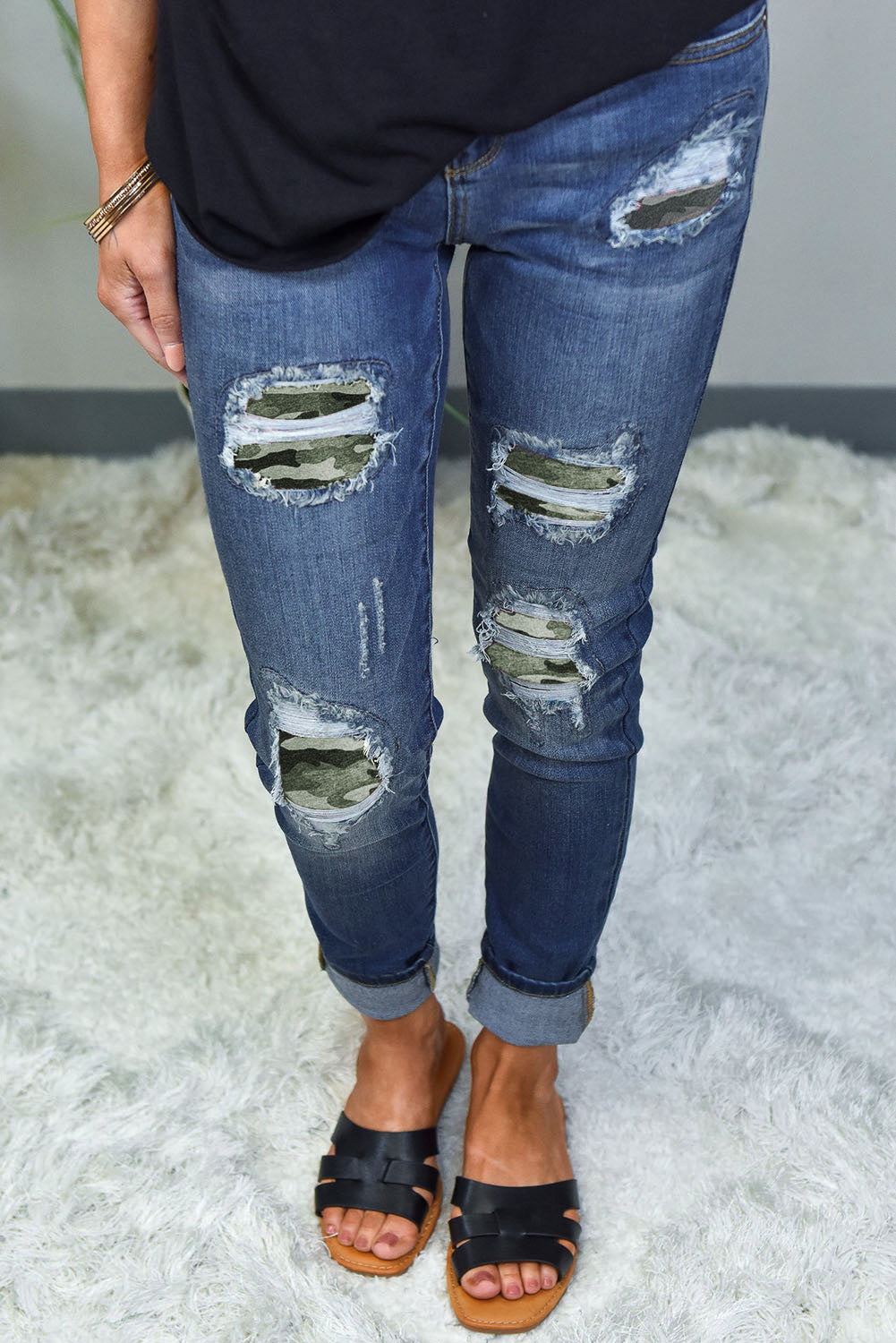 Blue Floral Patch Destroyed Skinny Jeans
