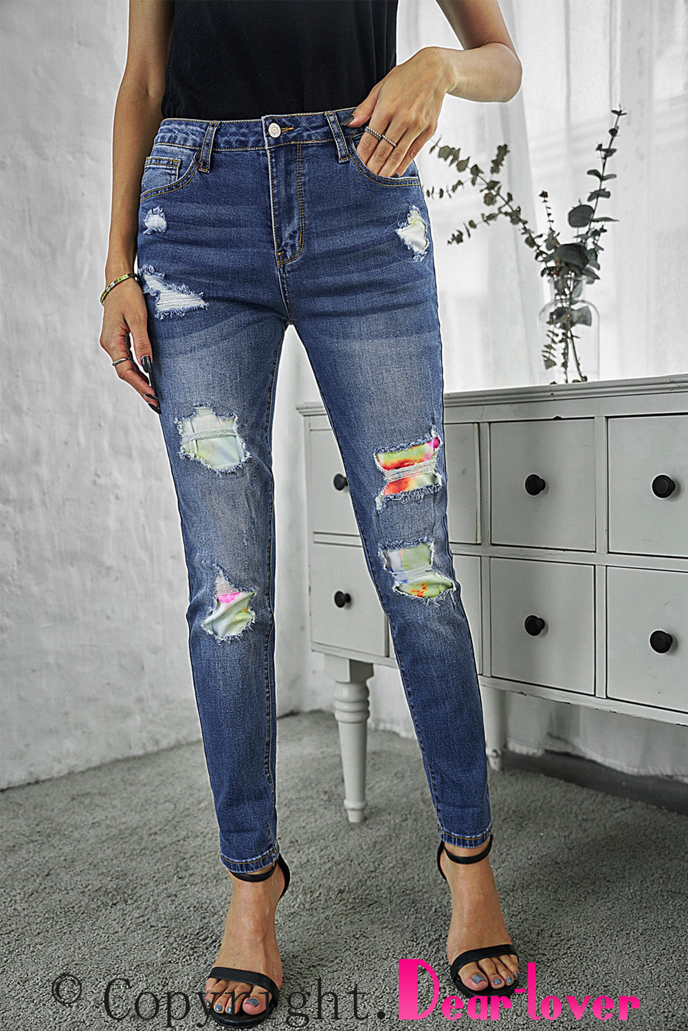 Blue Floral Patch Destroyed Skinny Jeans