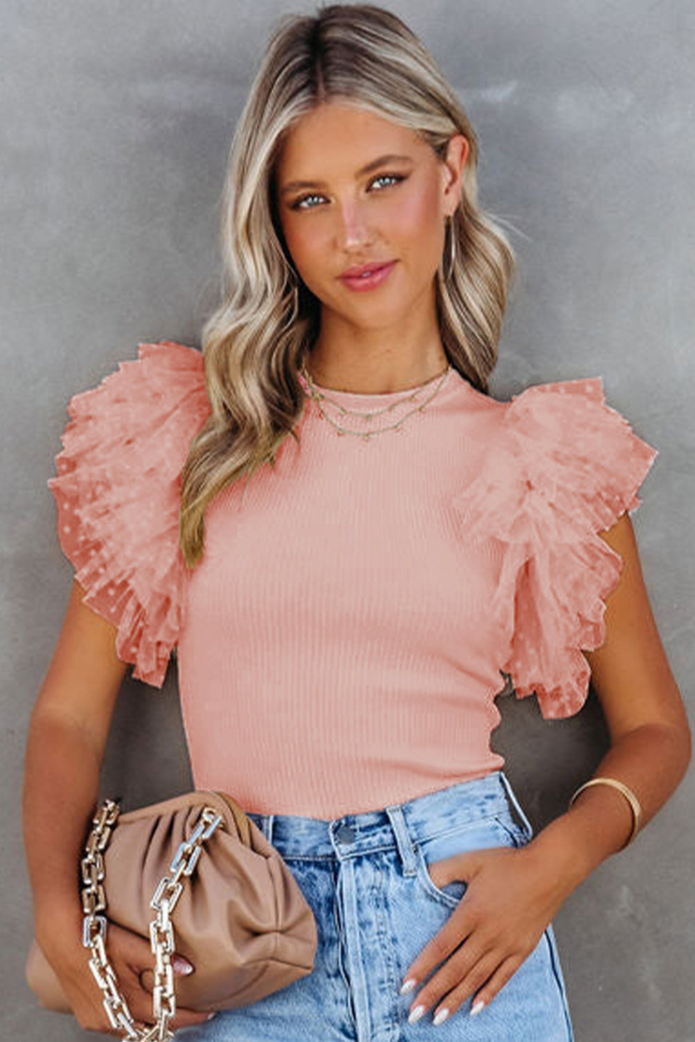 Black Dotty Mesh Ruffle Sleeve Ribbed Knit Top