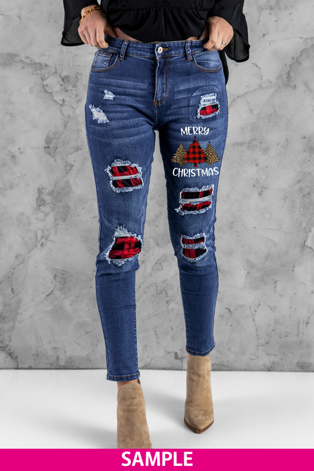 Blue Floral Patch Destroyed Skinny Jeans
