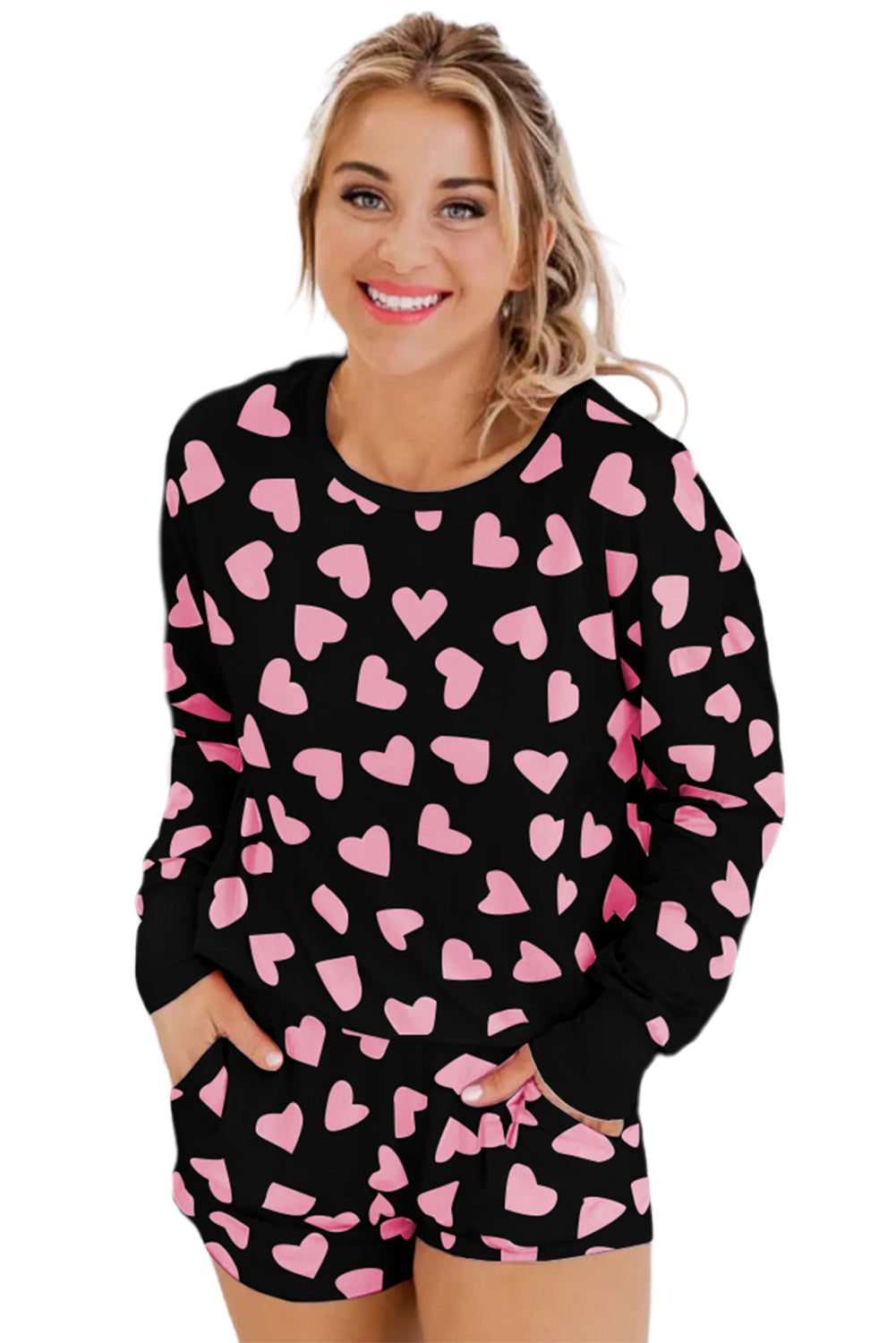 Valentine Heart Print Long Sleeve Top Shorts Lounge Set