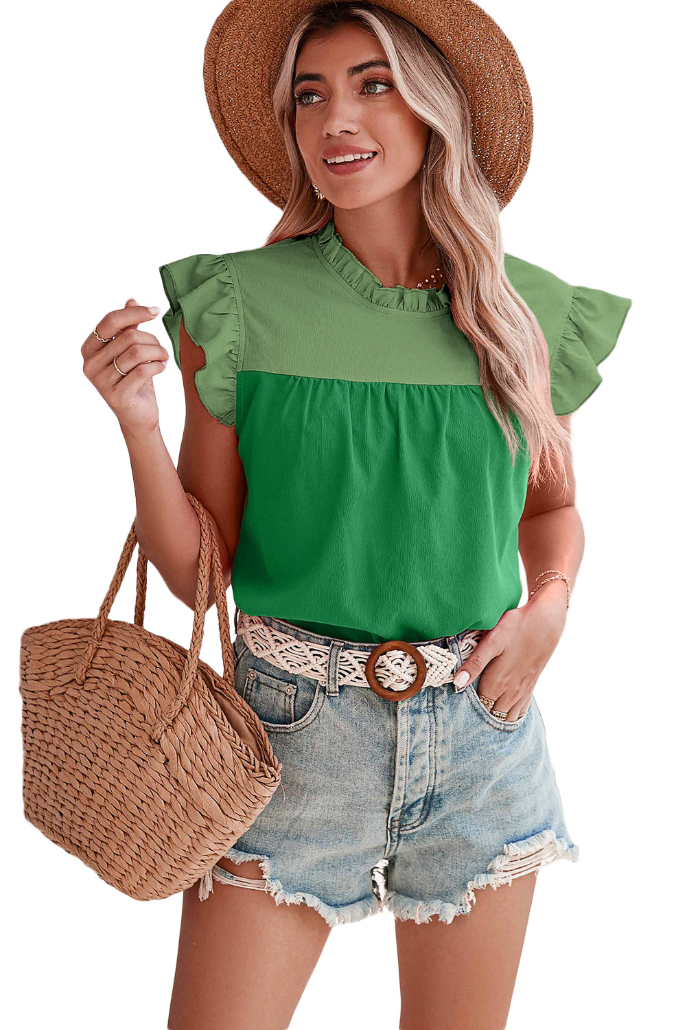 Rose Red Two Tone Ruffled Flutter Sleeve Blouse