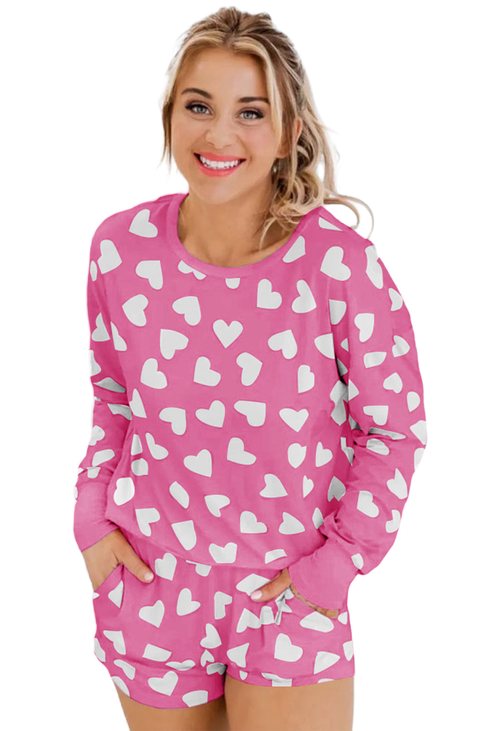 Valentine Heart Print Long Sleeve Top Shorts Lounge Set