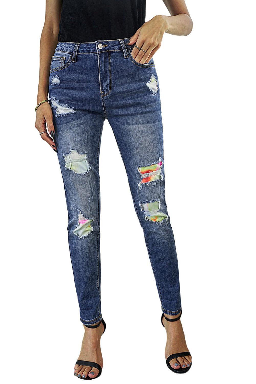 Blue Floral Patch Destroyed Skinny Jeans