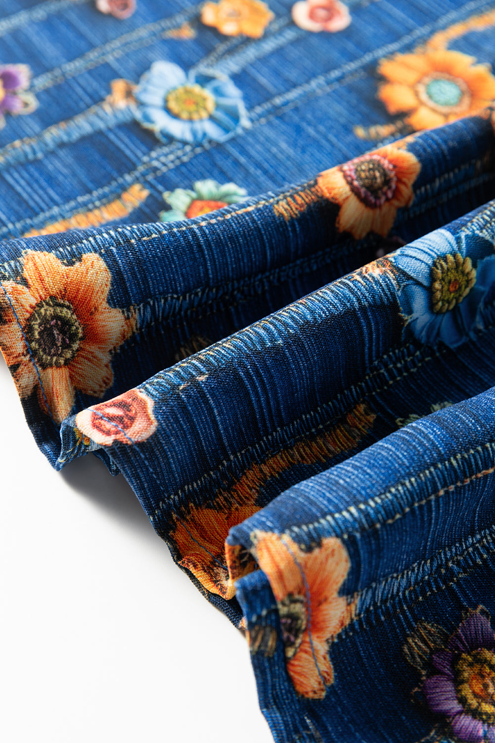 Blue Floral Collared V Neck Roll up Sleeve Shift Blouse