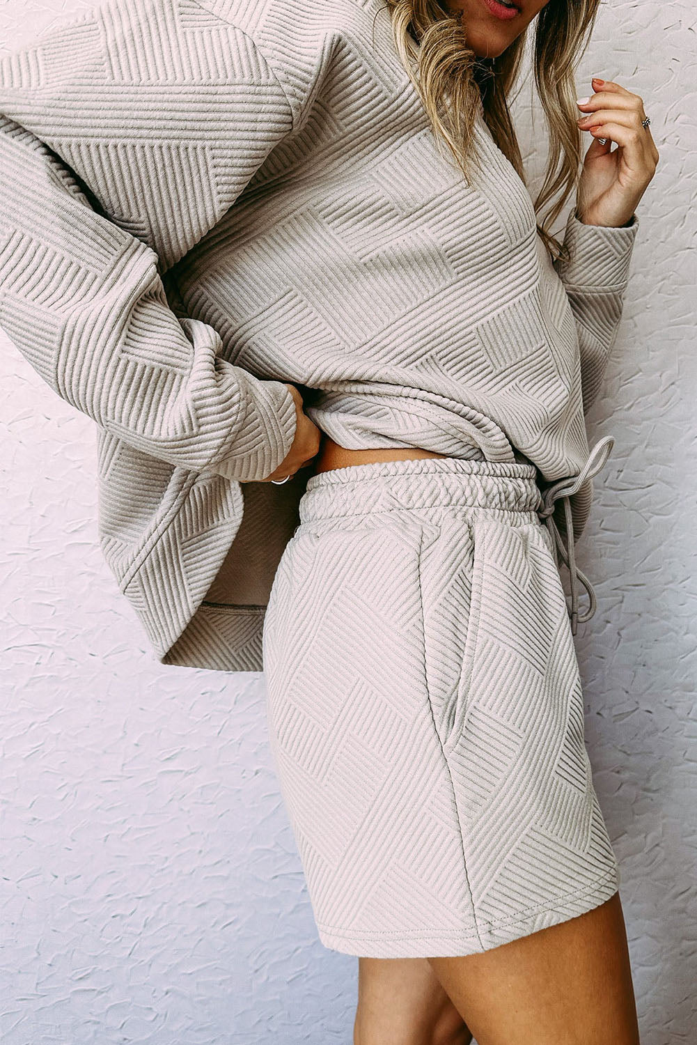 Gray 2pcs Solid Textured Drawstring Shorts Set