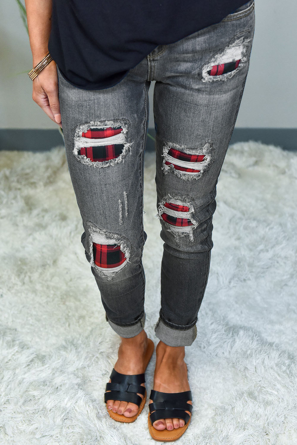 Blue Floral Patch Destroyed Skinny Jeans