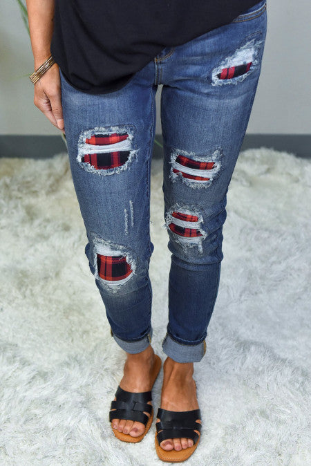 Blue Floral Patch Destroyed Skinny Jeans