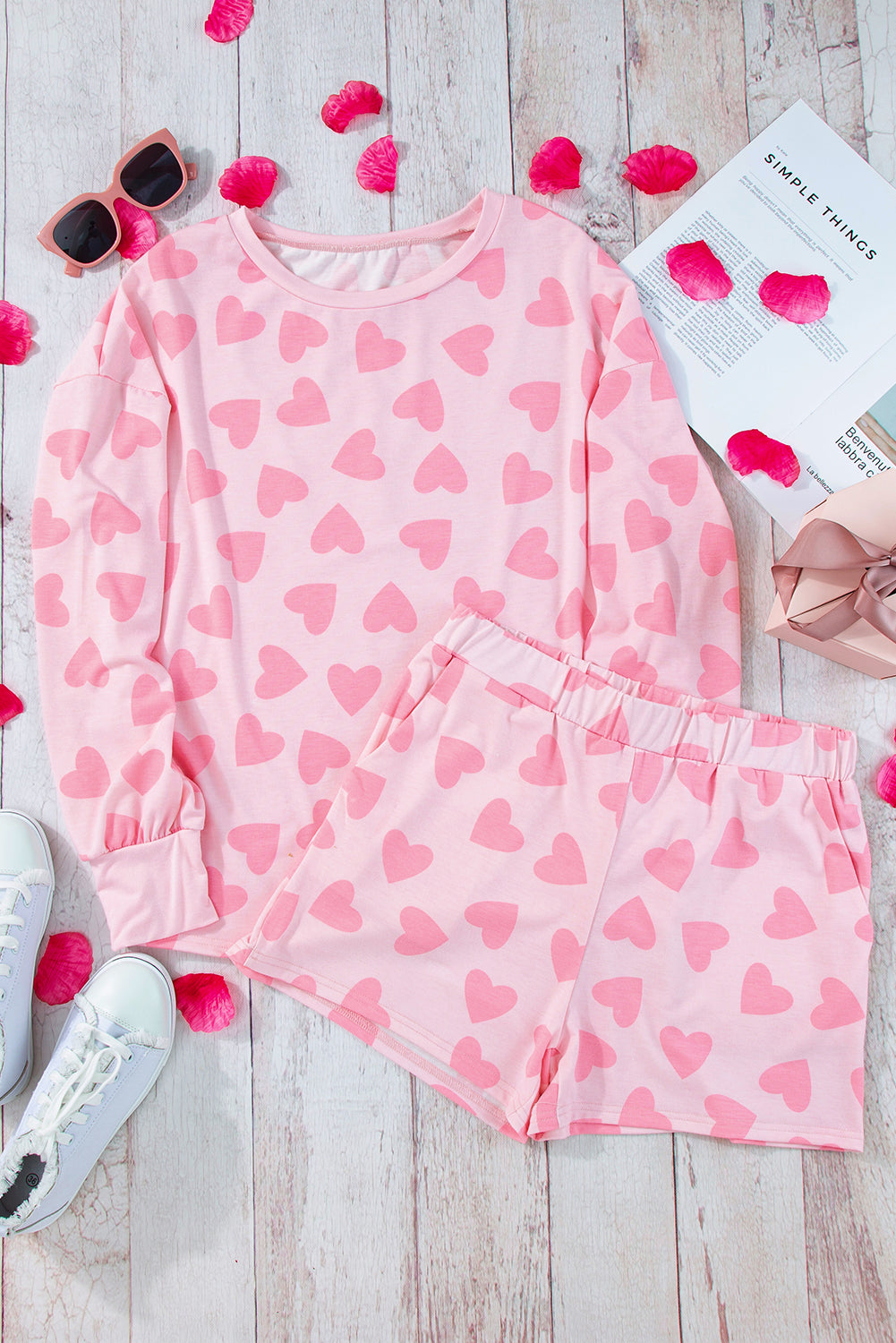 Valentine Heart Print Long Sleeve Top Shorts Lounge Set