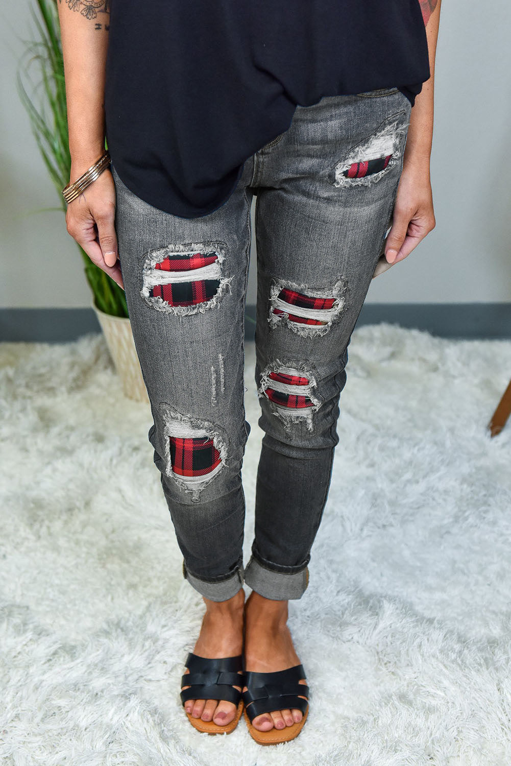 Blue Floral Patch Destroyed Skinny Jeans