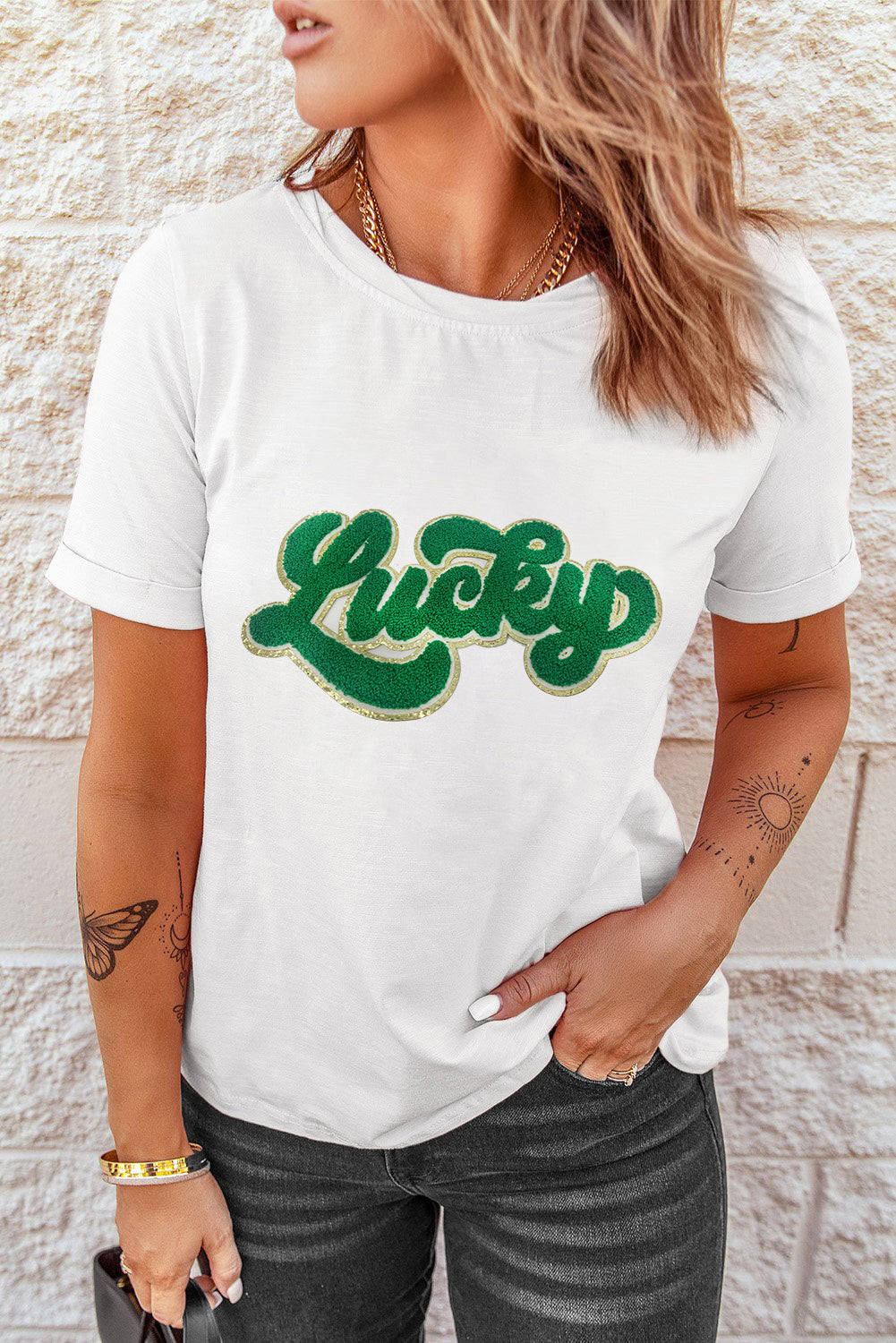 St. Patrick Lucky Chenille Glitter Graphic T Shirt