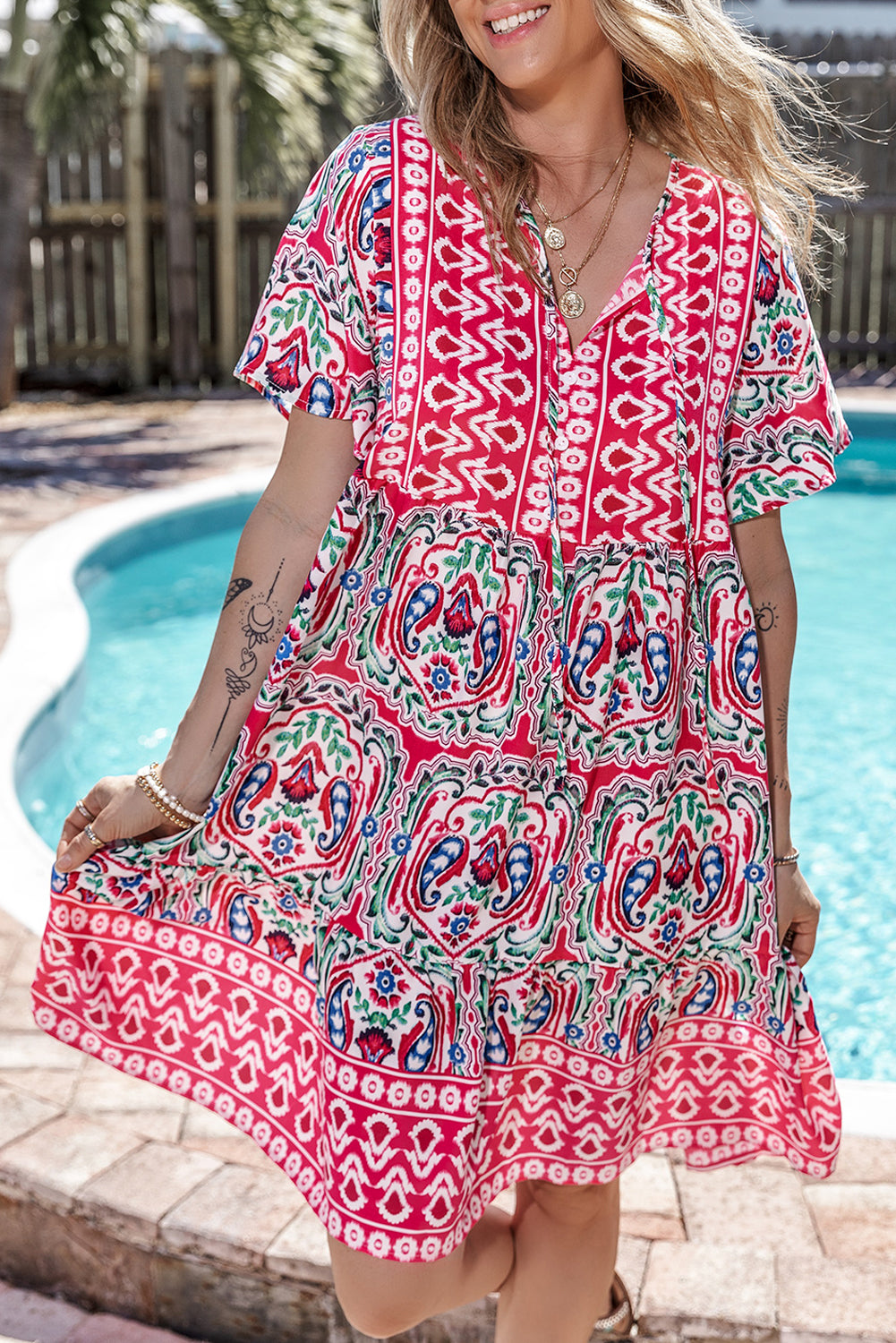 Orange Bohemian Print Tie Neck Ruffle Hem Short Dress