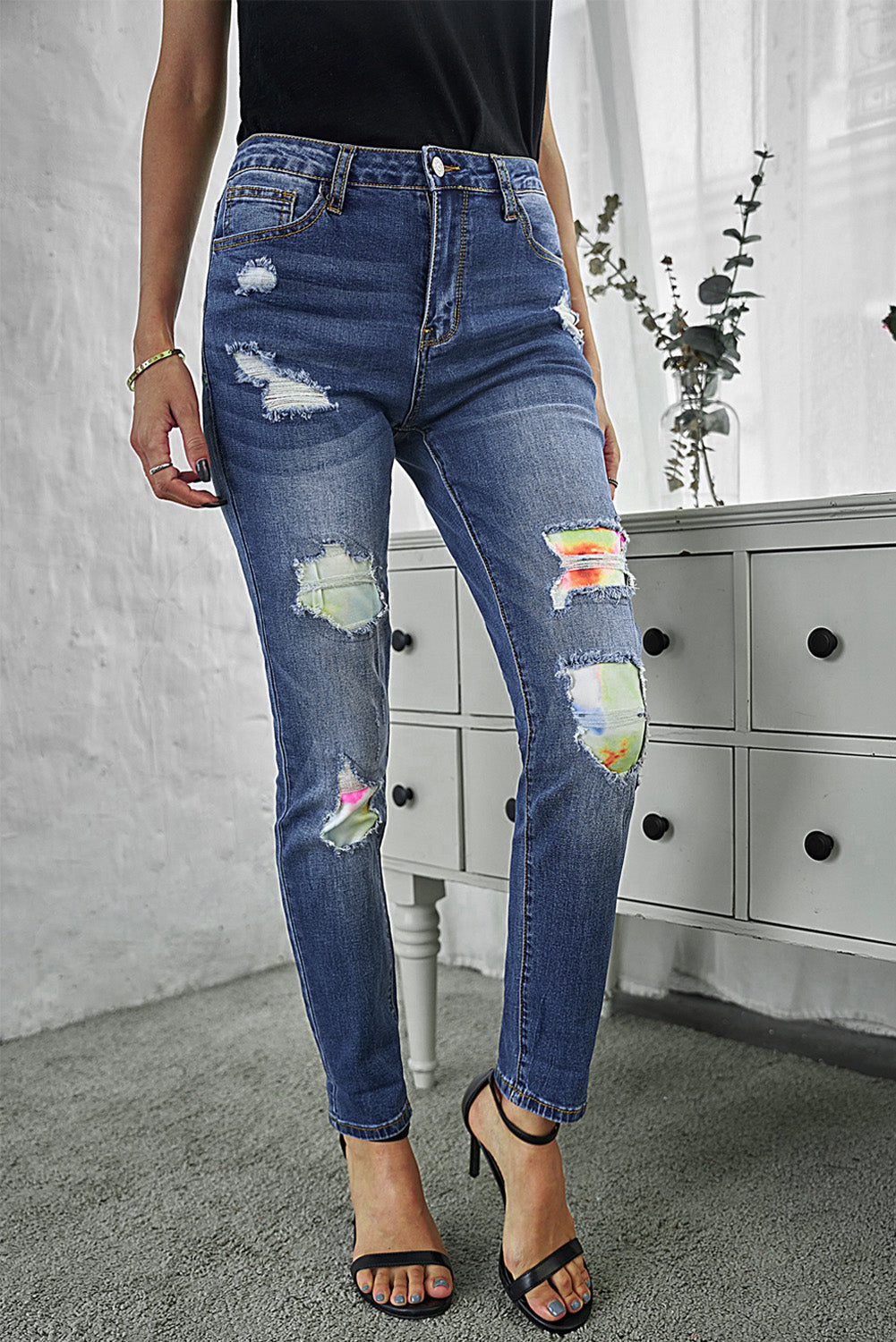Blue Floral Patch Destroyed Skinny Jeans