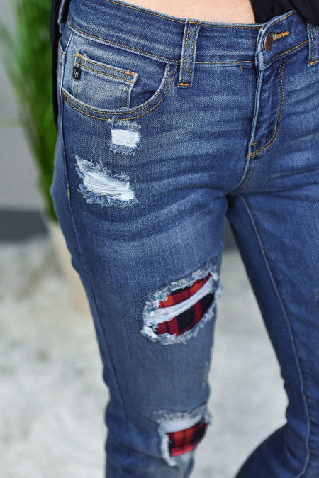 Blue Floral Patch Destroyed Skinny Jeans