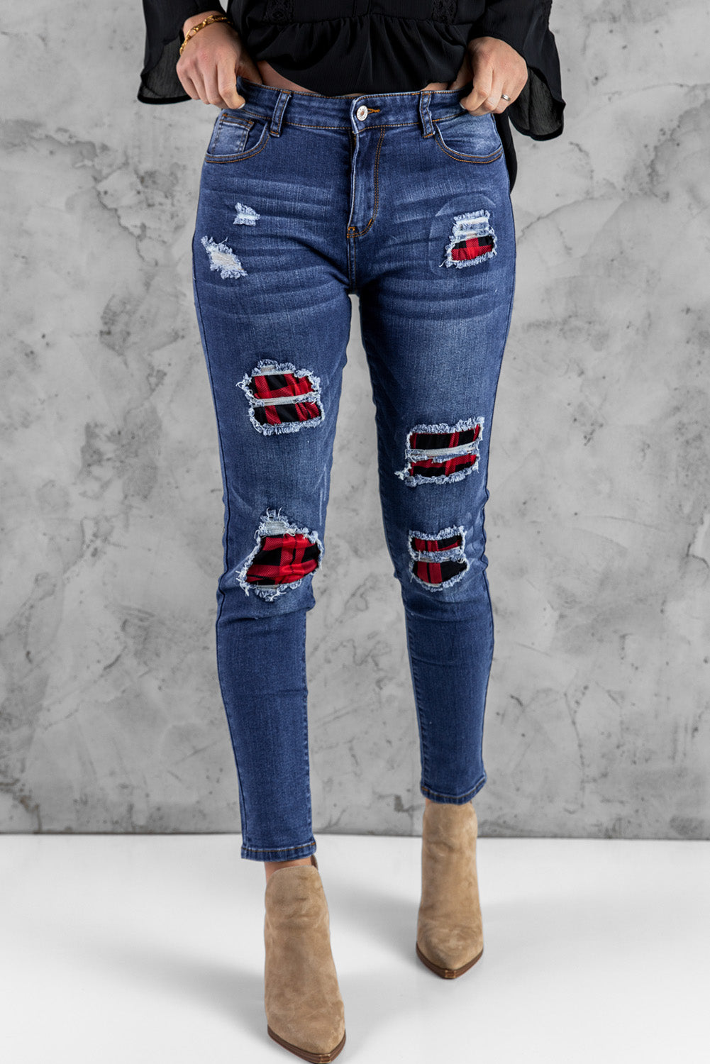 Blue Floral Patch Destroyed Skinny Jeans