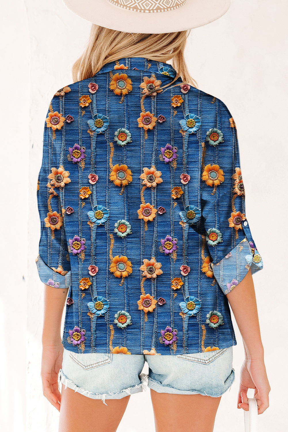 Blue Floral Collared V Neck Roll up Sleeve Shift Blouse