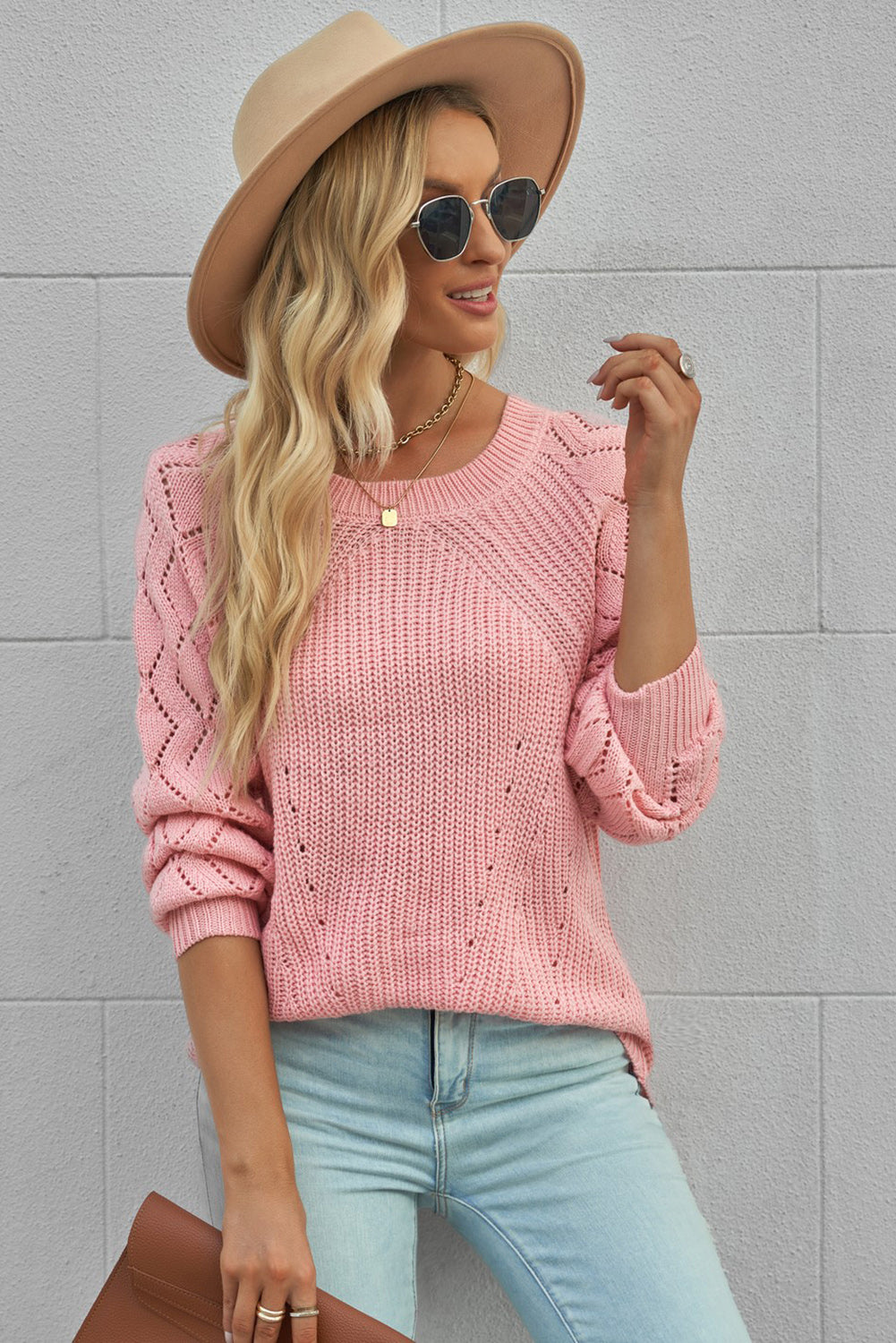 Beige Hollow-out Puffy Sleeve Knit Sweater