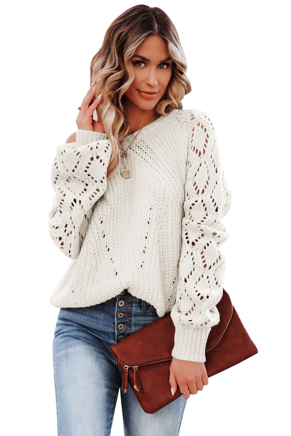 Beige Hollow-out Puffy Sleeve Knit Sweater