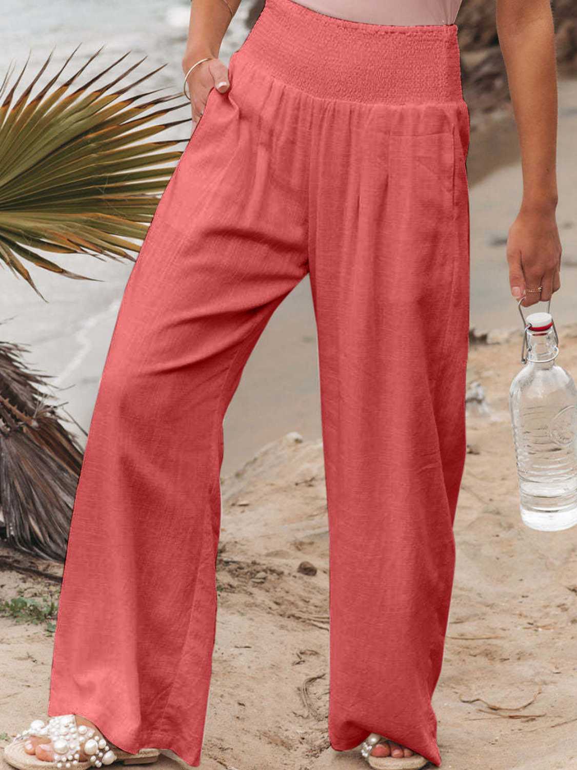 Full Size Smocked Waist, Wide Leg Pants