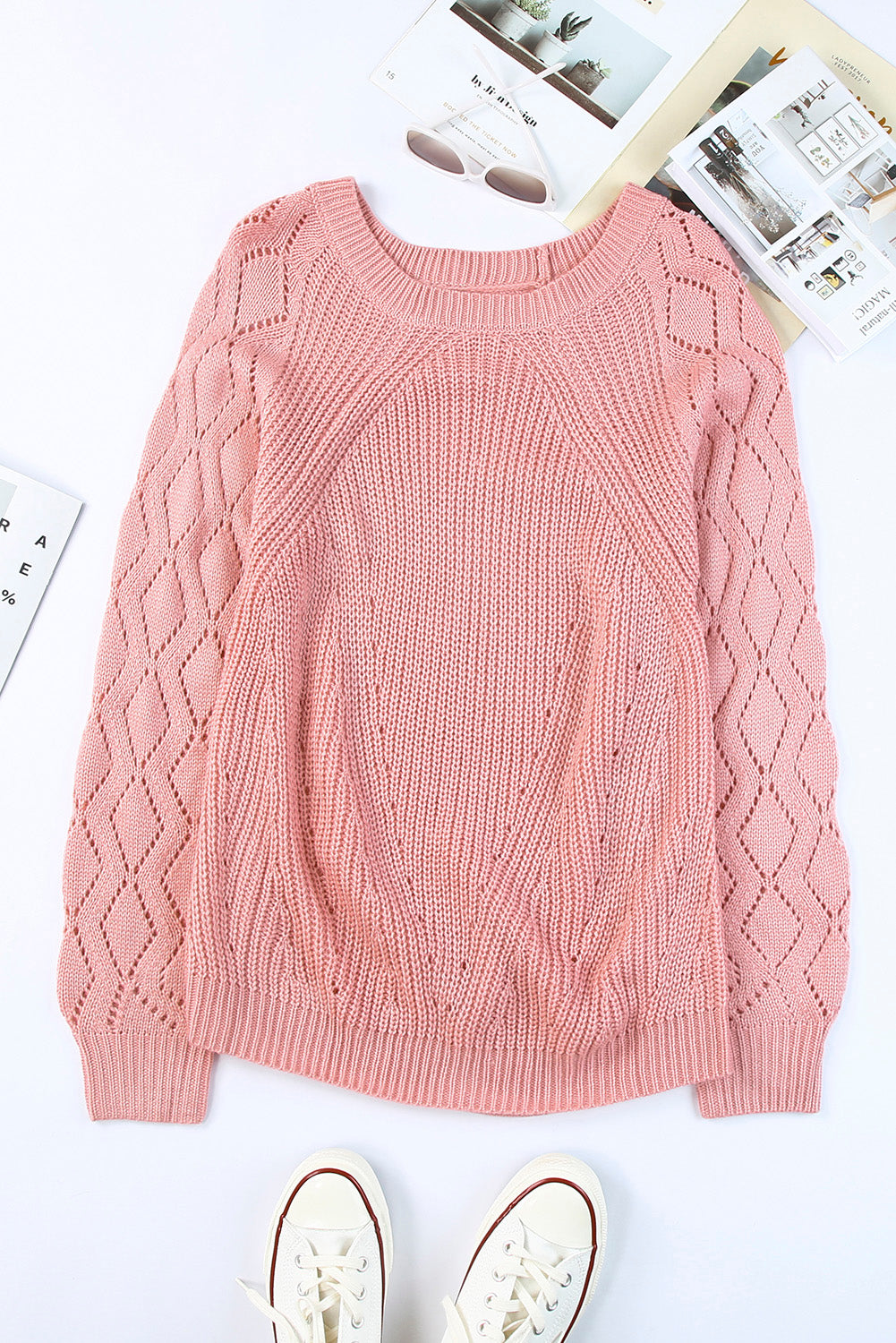 Beige Hollow-out Puffy Sleeve Knit Sweater