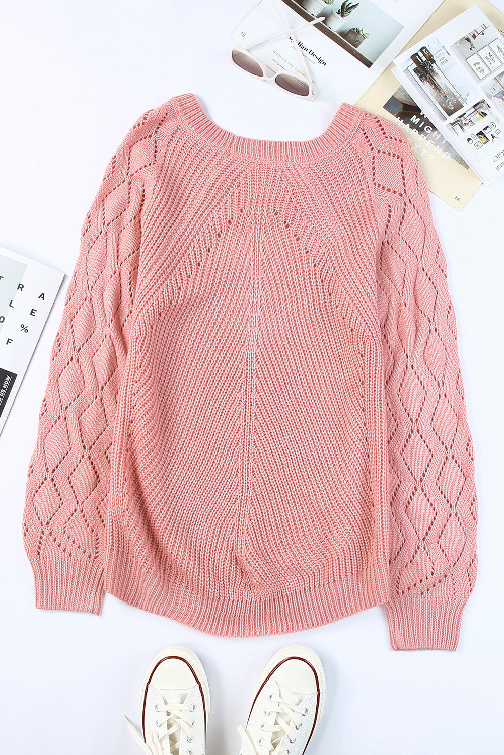 Beige Hollow-out Puffy Sleeve Knit Sweater