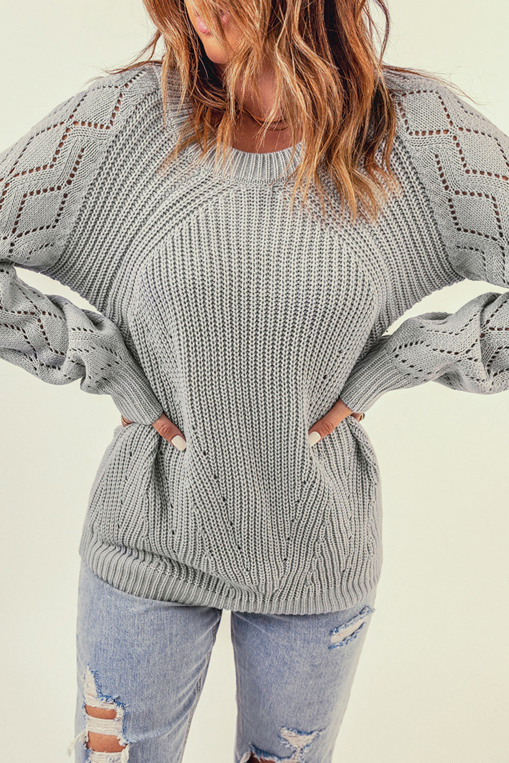 Beige Hollow-out Puffy Sleeve Knit Sweater