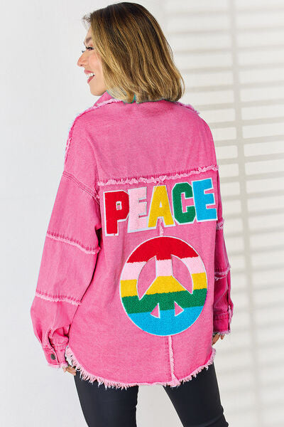 PEACE Raw Hem Denim Top